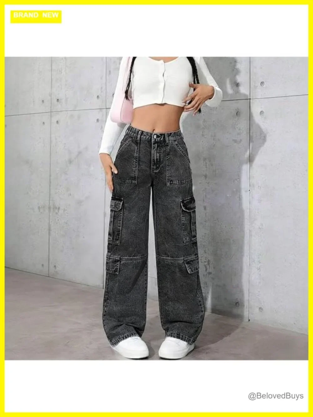 Girls Baggy Cargo Jeans Y2K Straight Leg Denim Pants Elastic Waist